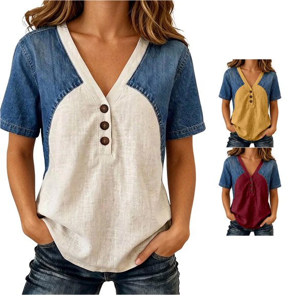 WERYOUNG Women's T Shirts Casual Button Front Short Sleeve Tee Patchwork Loose Fit Knit T Shirts For Everyday Wear Soft Tops S