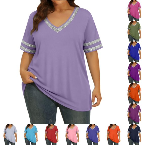 WERYOUNG Women's T Shirts Fashionable Casual Patchwork Tees Short Sleeved V Neck T-Shirts Soft Tops XXXXL