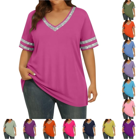 WERYOUNG Women's T Shirts Fashionable Casual Patchwork Tees Short Sleeved V Neck T-Shirts Trendy Top XXL