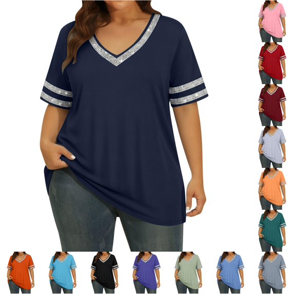 WERYOUNG Women's T Shirts Fashionable Casual Patchwork Tees Short Sleeved V Neck T-Shirts Trendy Top XXL