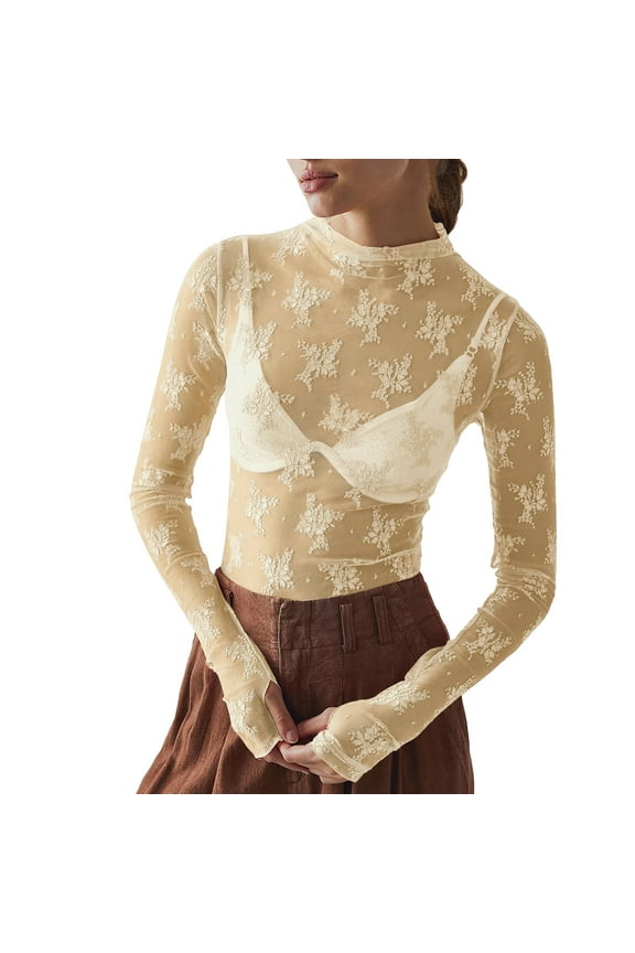 Women's T-Shirts Long Sleeve Crewneck Floral Embroidery Sheer See Through Mesh T Shirts Everyday Wear Loose Fit Tee Shirts Party Night Versatile Soft Tops