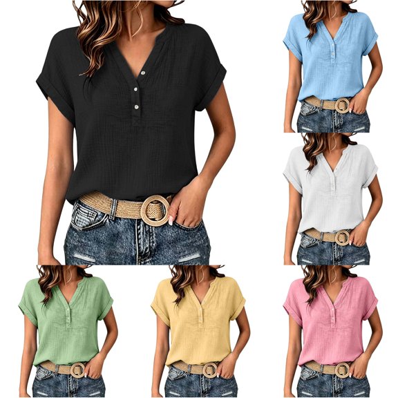 WERYOUNG Women's T Shirts Short Sleeve V Neck Button Down T-Shirts With Side Slit Tunic Tees Stylish Tops XL