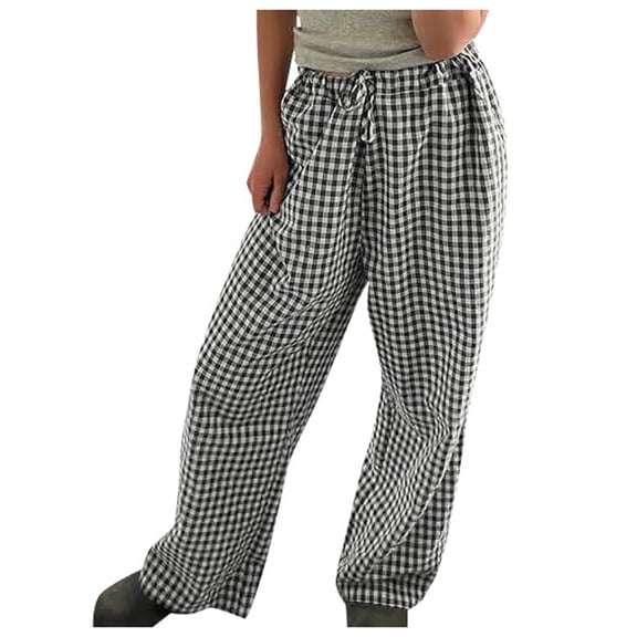 WERYOUNG Womens Baggy Pants Women's Casual Plaid Print Elastic Waist Drawstring Pants Loose Fit Comfy Trousers Home Pants Slacks