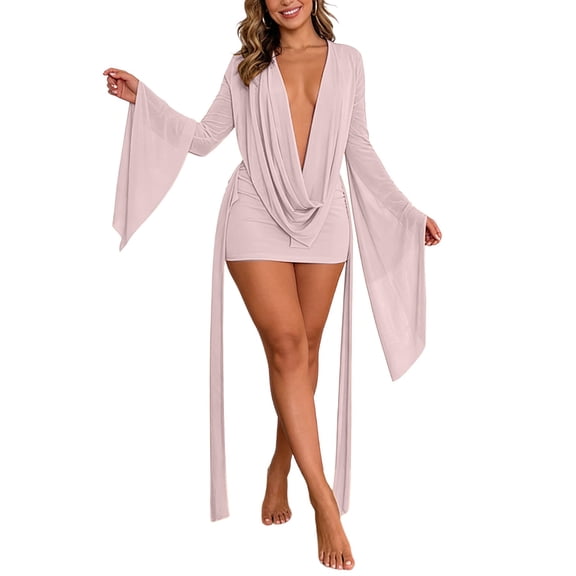 WERYOUNG Womens Elegant Evening Dresses Backless Pleated Long Sleeve Dress For Party Night Cozy Sundresses