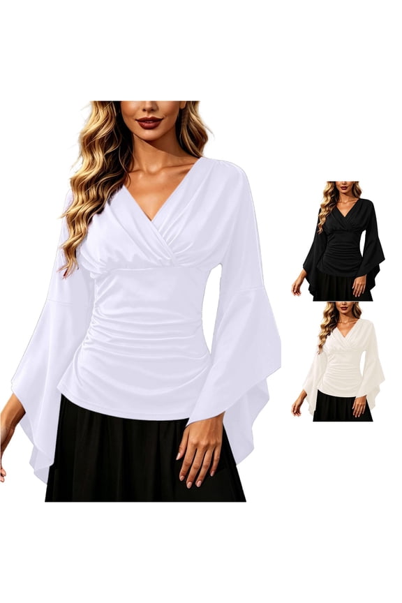 Womens T Shirts Solid Color Stretch Wrap V Neck Tees Side Waist Ruched Slim Fit Flared Long Sleeve Elegant T-Shirts Comfortable Tops L