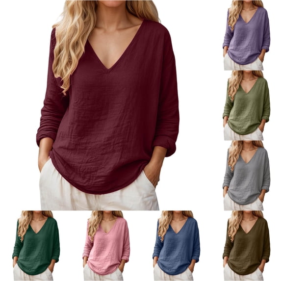 WERYOUNG Womens T Shirts Summer Casual Loose Fit Linen Long Sleeve Knit Tee Lightweight T-Shirts For Everyday Wear Versatile Top S