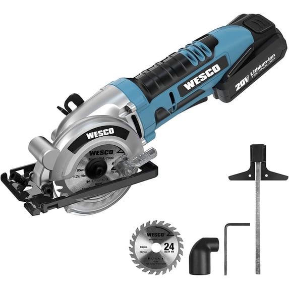 WESCO 3-3/8 Inch Cordless Mini Circular Saw, 20V Circular Saw, Maximum Cutting Depth 1-1/8 inch, with 2.0Ah Battery and Quick Charger Parallel Guide and Hex Wrench, 1 x 24T TCT Saw Blade for Wood