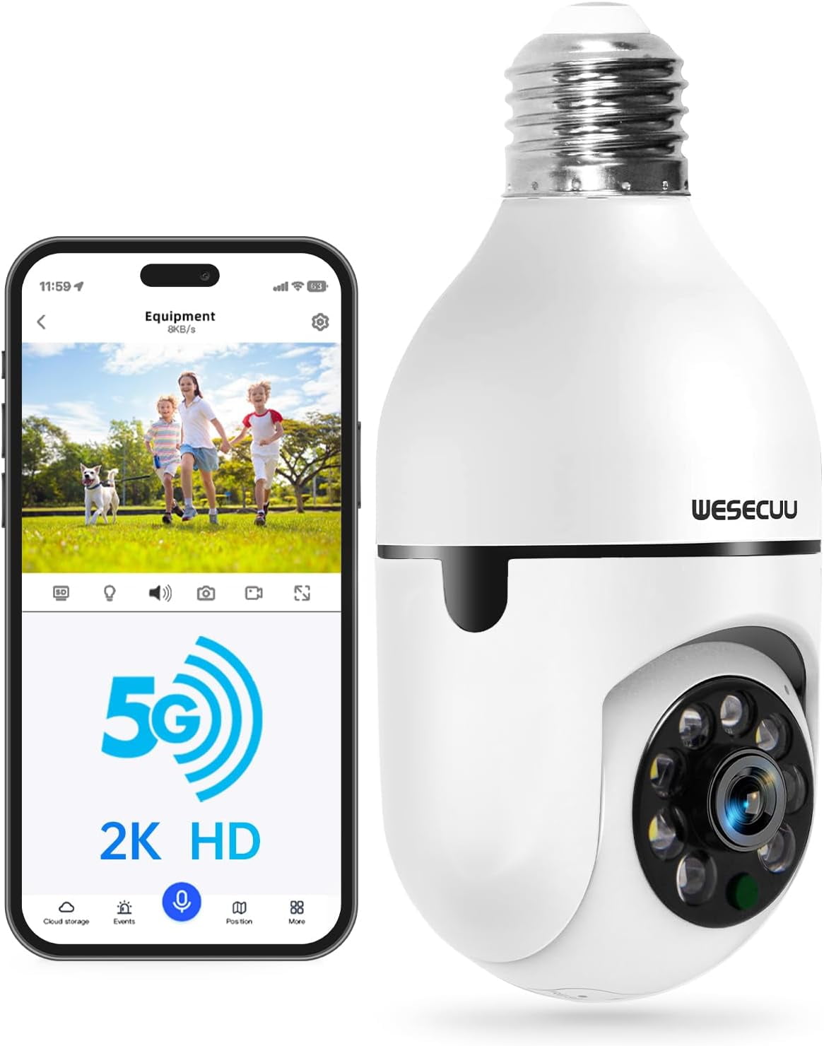 WESECUU 2K Security Light Bulb Camera Indoor/Outdoor, 5G&2.4GHz WiFi
