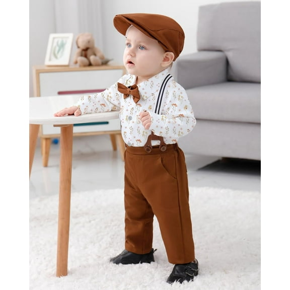 WESIDOM Baby Boy Clothes 0-18M Newborn Infant Gentleman Outfit, Shirt+Bowtie+Beret+Suspender Pant Baby boy Suit Clothing Set