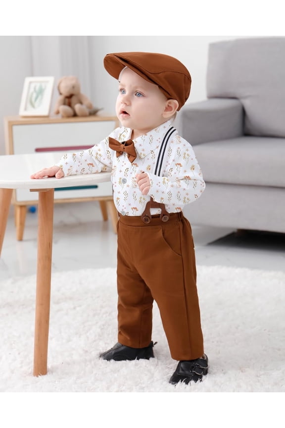 Baby Boy Clothes 0-18M Newborn Infant Gentleman Outfit, Shirt+Bowtie+Beret+Suspender Pant Baby boy Suit Clothing Set