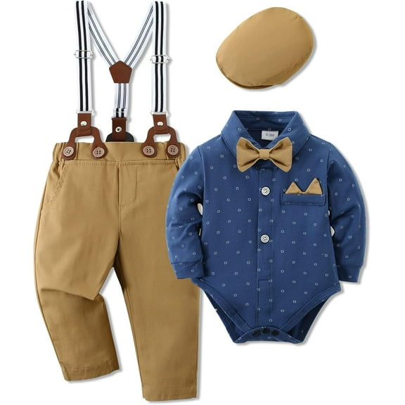 WESIDOM Baby Boy Clothes 0-18M Newborn Infant Gentleman Outfit, Shirt Bowtie Beret Suspender Pant Baby boy Suit Clothing Set