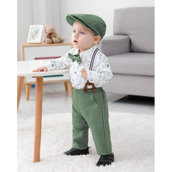 WESIDOM Baby Boy Clothes 0-18M Newborn Infant Gentleman Outfit, Shirt+Bowtie+Beret+Suspender Pant Baby boy Suit Clothing Set
