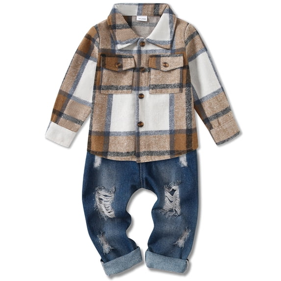 WESIDOM Baby Boy Clothes Long Sleeve Plaid Printing Hoodie T-Shirt Jeans Denim Pants Outfit Set 2pcs