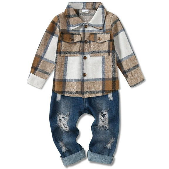 WESIDOM Baby Boy Clothes Long Sleeve Plaid Printing Hoodie T-Shirt Jeans Denim Pants Outfit Set 2pcs