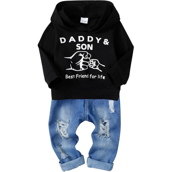 CARETOO Baby Boy Clothes, Long Sleeve Printing Hoodie with Jeans Pants Outfits Set Size 4-5T
