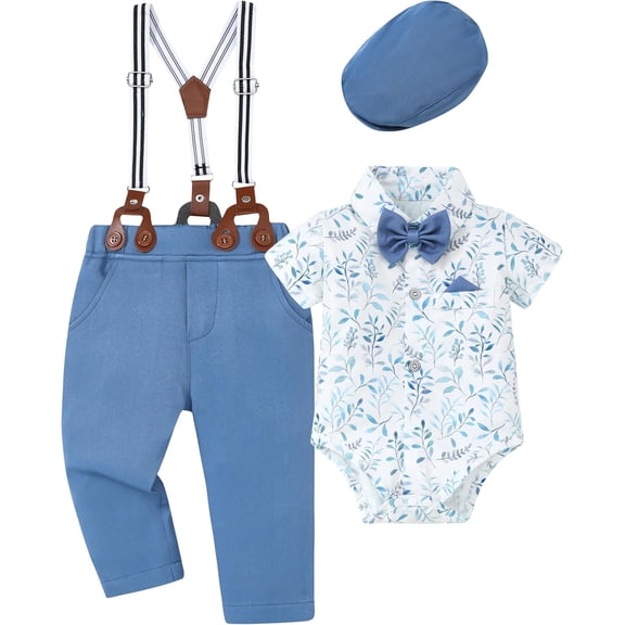 WESIDOM Baby Boy Clothes Suit 0-24M Infant Gentleman Wedding Outfit, Shirt Bowtie Beret Suspender Pants Clothing Set
