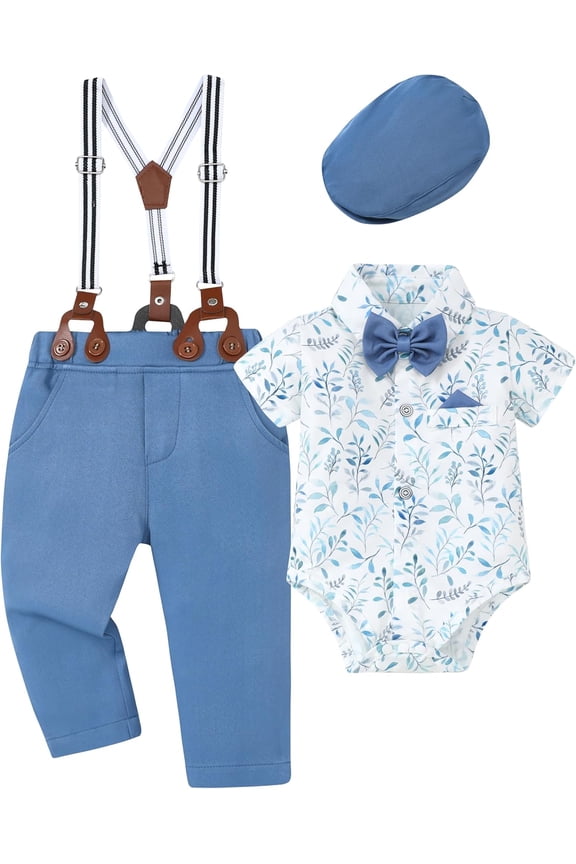 Baby Boy Clothes Suit 0-24M Infant Gentleman Wedding Outfit, Shirt+Bowtie+Beret+Suspender Pants Clothing Set
