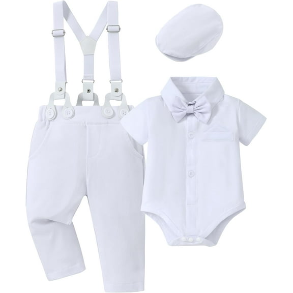 WESIDOM Baby Boy Clothes Suit 0-24M Infant Gentleman Wedding Outfit, Shirt Bowtie Beret Suspender Pants Clothing Set