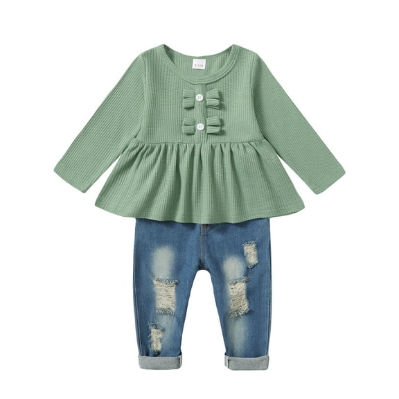 WESIDOM Baby Girls Clothes Toddler Jeans Outfit Knit Shirt Ripped Denim Pants Set Fall Winter 2pcs