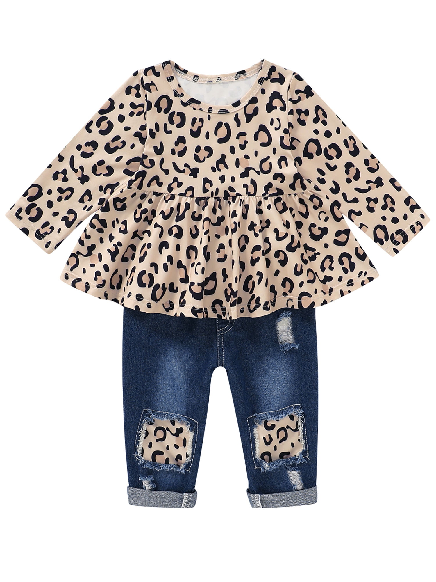 WESIDOM Baby Girls Toddler Infant Clothes Outfits Cute Leopard Print Ruffle Top Jeans Pant Set 2pcs
