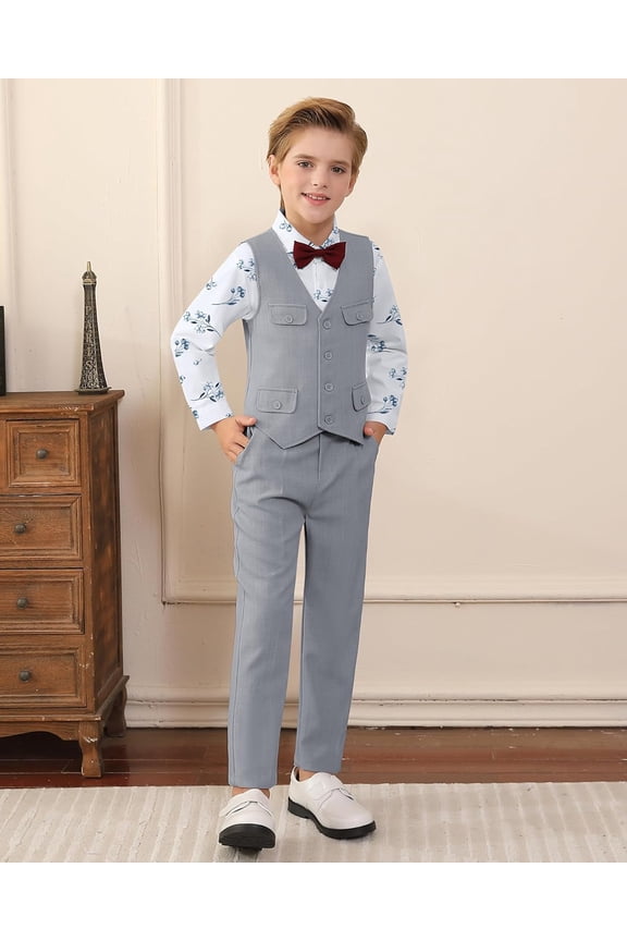 Boy Clothes Suit Formal Dress Shirt+Vest+Bowtie+Suspender Pants Kids Tuxdeo Gentleman Wedding Party Outfits Set