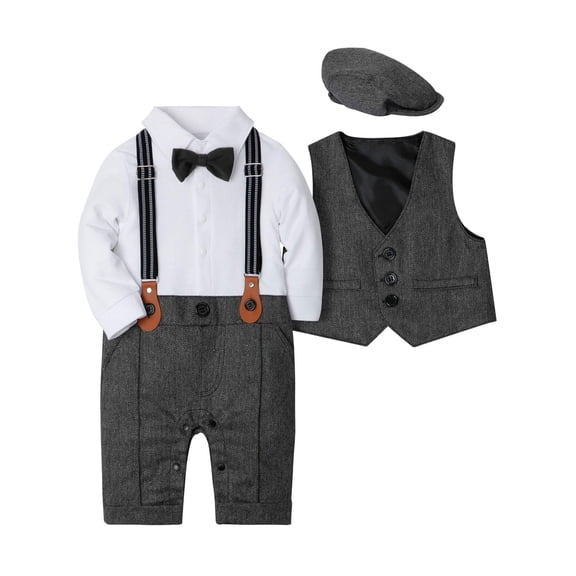 WESIDOM Boy Toddler Infant Outfits Long Sleeves Gentleman Jumpsuit Vest Coat Berets Hat Bowtie 3pcs