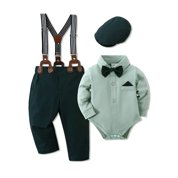 WESIDOM Formal Outfit Boys Newborns Green Top Suspender Pant Suit Cotton Fabric 4pcs for 0-18 Months