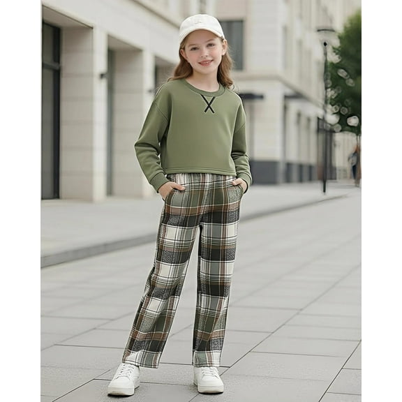 WESIDOM Girls Clothes Fashion Little Girl Clothes Dropped Shoulder Solid Long Sleeve Top+Pants 2Pcs Kids Clothing