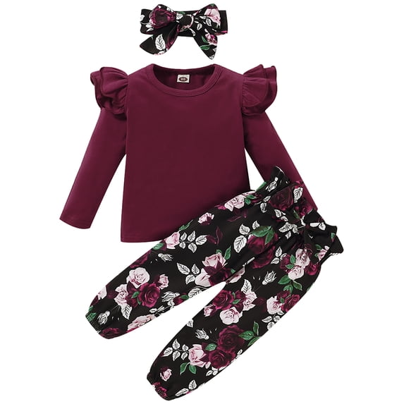 WESIDOM Toddler Baby Girl Clothes Outfit Long Sleeves Ruffle Top Floral Pant Floral Headband 1-5T