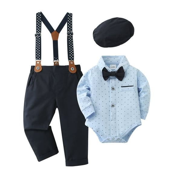 WESIDOM Toddler Boy Clothes 4pcs Romper Formal Outfits Suspender Pant Beret Hat Cotton Fabric