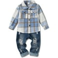 thumbnail image 1 of WESIDOM Toddler Boy Clothes Long Sleeve Collar Plaid Shirts Jacket Ribbed Jeans Pants Sets 1-6T Boys Fall Outfits, 1 of 14