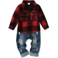 thumbnail image 1 of WESIDOM Toddler Boy Clothes Long Sleeve Collar Plaid Shirts Jacket Ribbed Jeans Pants Sets 1-6T Boys Fall Outfits, 1 of 7