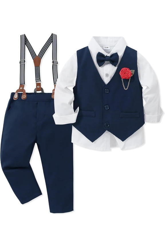 Toddler Boy Clothes Suit Formal Dress Shirt+Bowtie+Vest+Boutonniere+Suspender Pants Boys Gentleman Outfits Set