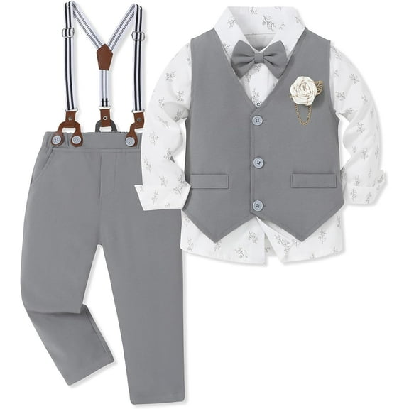 WESIDOM Toddler Boy Clothes Suit Formal Dress Shirt Bowtie Vest Boutonniere Suspender Pants Boys Gentleman Outfits Set