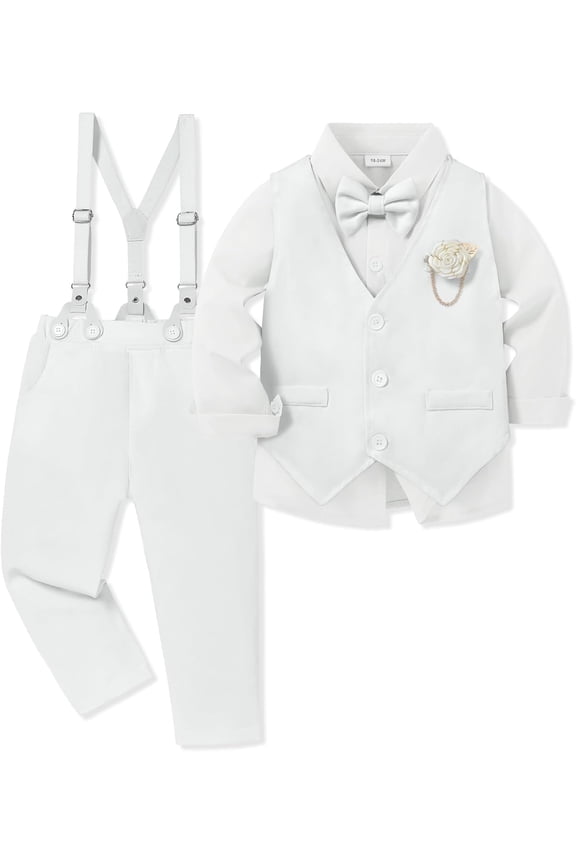 Toddler Boy Clothes Suit Formal Dress Shirt+Bowtie+Vest+Boutonniere+Suspender Pants Boys Gentleman Outfits Set