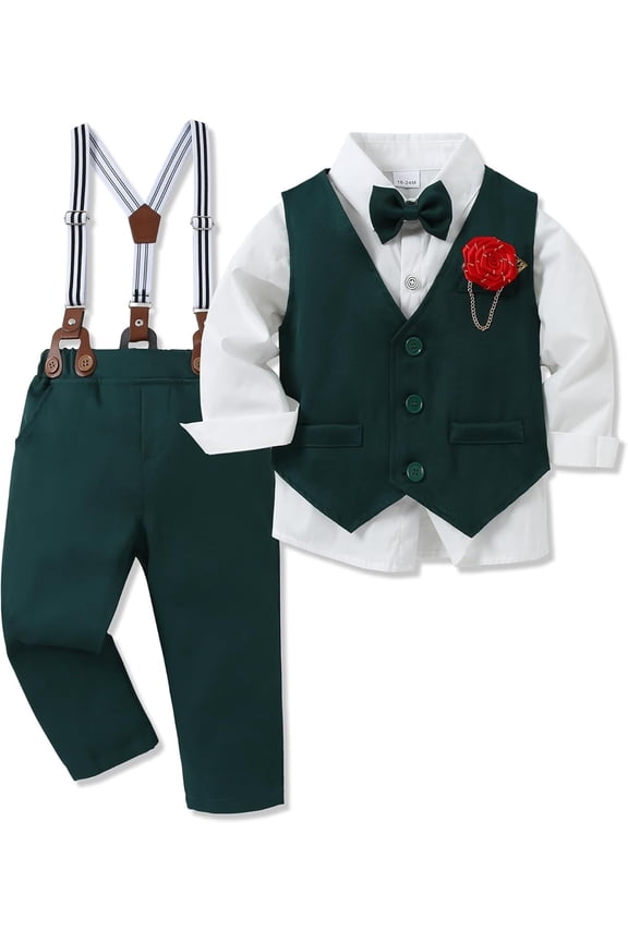 Toddler Boy Clothes Suit Formal Dress Shirt+Bowtie+Vest+Boutonniere+Suspender Pants Boys Gentleman Outfits Set