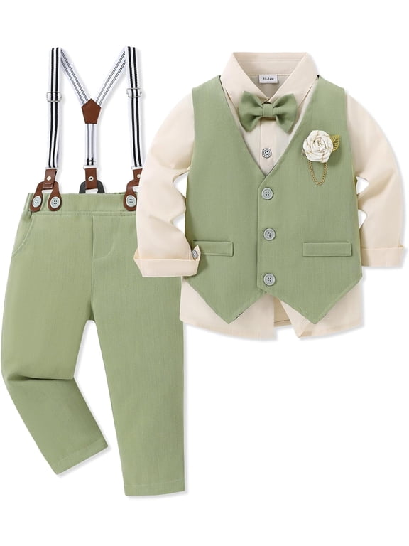 Toddler Boy Clothes Suit Formal Dress Shirt+Bowtie+Vest+Boutonniere+Suspender Pants Boys Gentleman Outfits Set