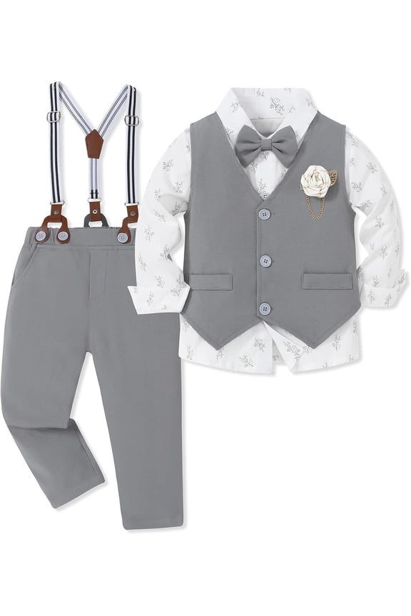 Toddler Boy Clothes Suit Formal Dress Shirt+Bowtie+Vest+Boutonniere+Suspender Pants Boys Gentleman Outfits Set