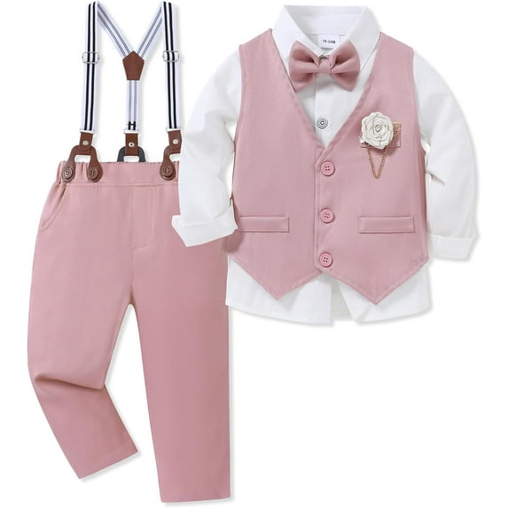 WESIDOM Toddler Boy Clothes Suit Formal Dress Shirt+Bowtie+Vest+Boutonniere+Suspender Pants Boys Gentleman Outfits Set