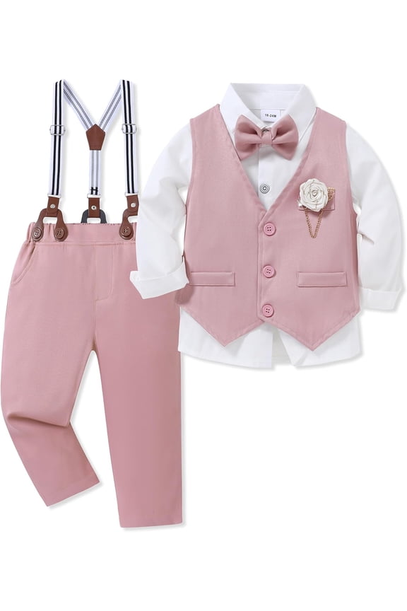 Toddler Boy Clothes Suit Formal Dress Shirt+Bowtie+Vest+Boutonniere+Suspender Pants Boys Gentleman Outfits Set