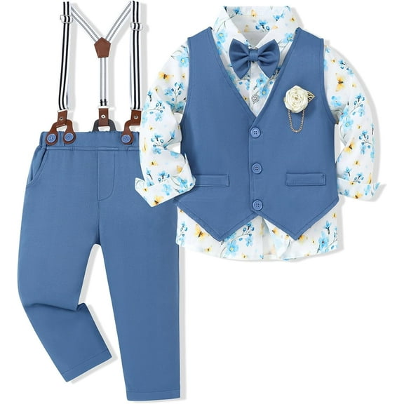 WESIDOM Toddler Boy Clothes Suit Formal Dress Shirt Bowtie Vest Boutonniere Suspender Pants Boys Gentleman Outfits Set