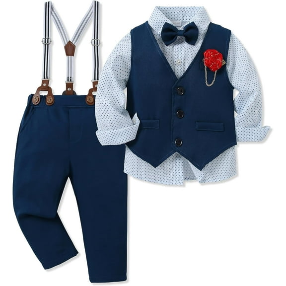 WESIDOM Toddler Boy Clothes Suit Formal Dress Shirt Bowtie Vest Boutonniere Suspender Pants Boys Gentleman Outfits Set