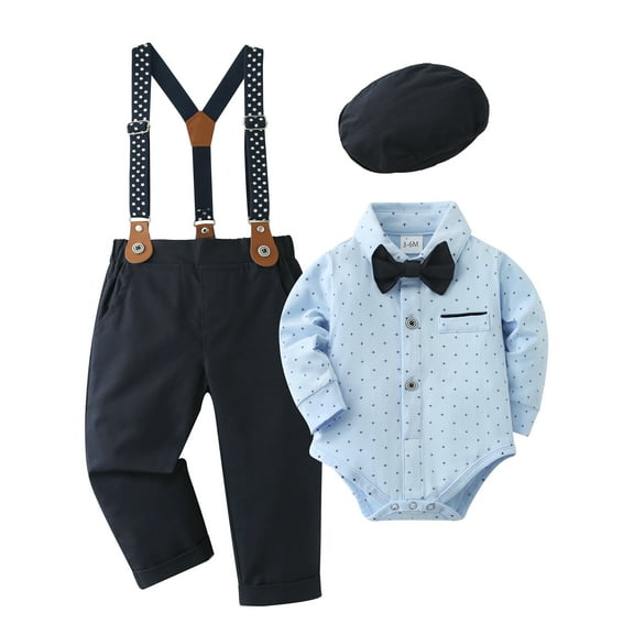 WESIDOM Toddler Boy Gentlemen Clothes 4pcs Romper Formal Outfits Cotton Fabric Beret Hat Bowtie