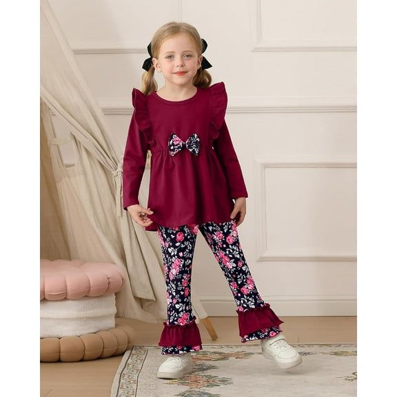 WESIDOM Toddler Girl Clothes Ruffle Shoulder Top Floral Pants 1-6T Toddler Girls Outfits 2 Piece Sets
