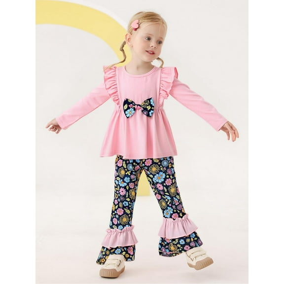 WESIDOM Toddler Girl Clothes Ruffle Shoulder Top Floral Pants 1-6T Toddler Girls Outfits 2 Piece Sets
