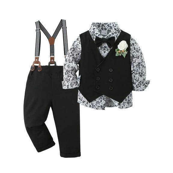 WESIDOM Toddler Infant Boy Clothes Outfits Formal Print Shirt Bowtie Vest Suspender Pants 4pcs 1-5T