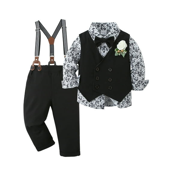 WESIDOM Toddler Infant Boy Clothes Outfits Formal Print Shirt Bowtie Vest Suspender Pants 4pcs 1-5T