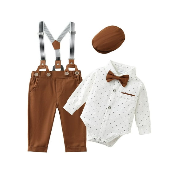 WESIDOM Toddler Infant Boy suits Tuxedo Formal Cotton Fabric Outfits Suspender Pants Bowtie Hat 4pcs