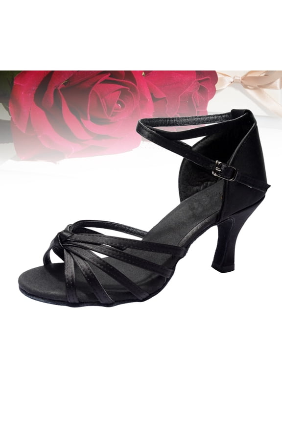 1Pair Easy Wear Black Satin Open Toed High Heels for Elegant Latin Dance Use