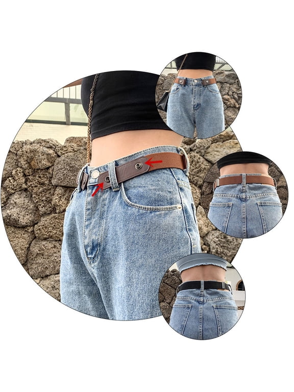 Jeans No Buckle Belt Invisible PU Canvas Stretch Waist Strap for Trousers 2Pcs
